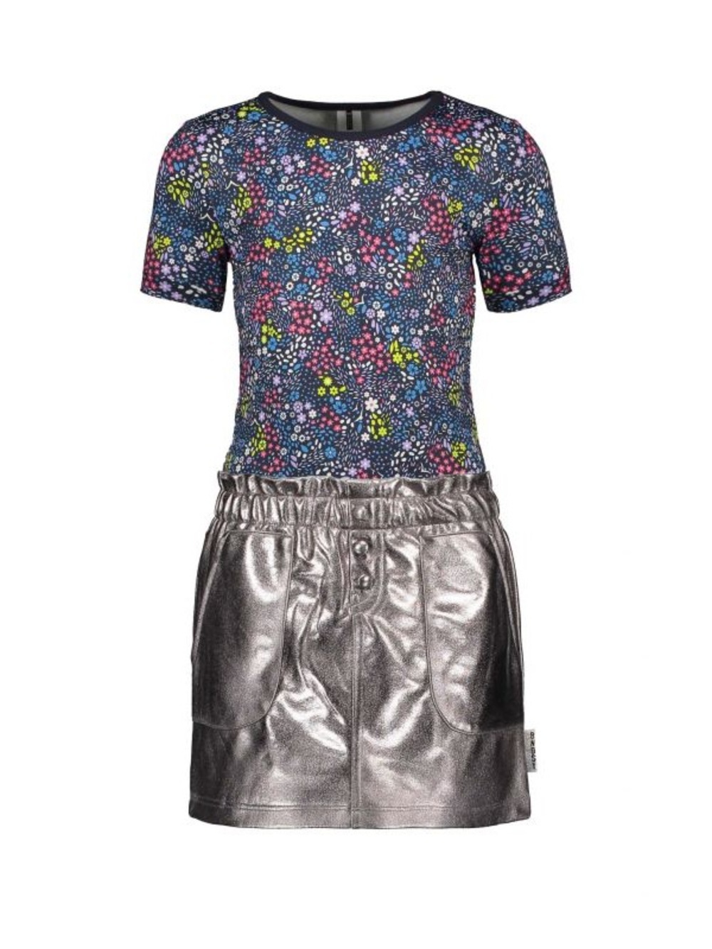 Navy Floral Top with Silver Metallic Skirt Kids Casual Dress
